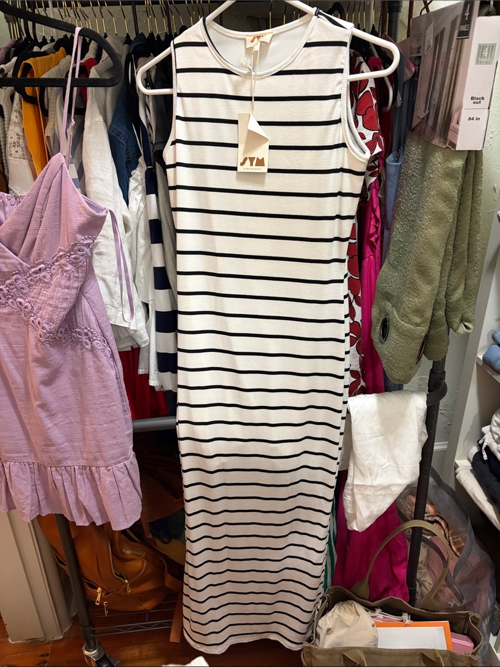See You Monday White Maxi Dress with Black Stripes